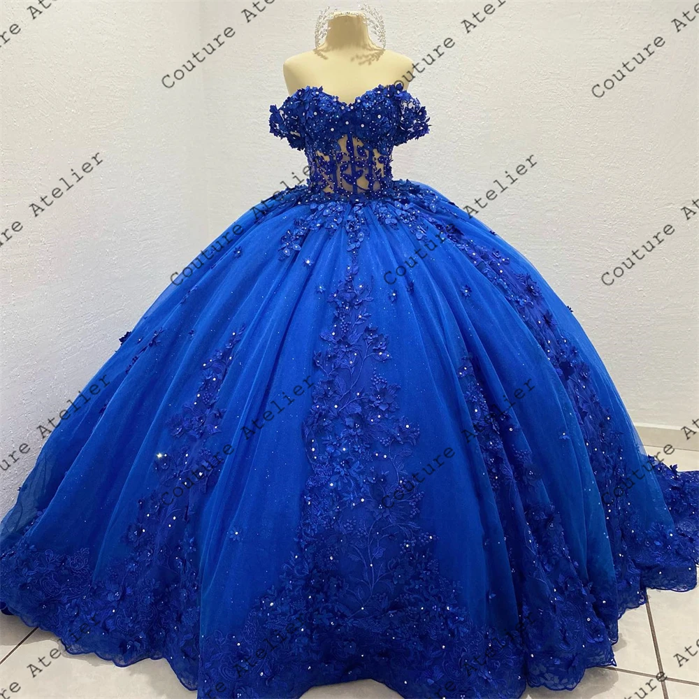 Quinceanera Dresses Royal Blue Lace Appliques Quinceanera Dresses Ball Gown Birthday Gowns Off The Shoulder Corset Sweet 16 Dresses