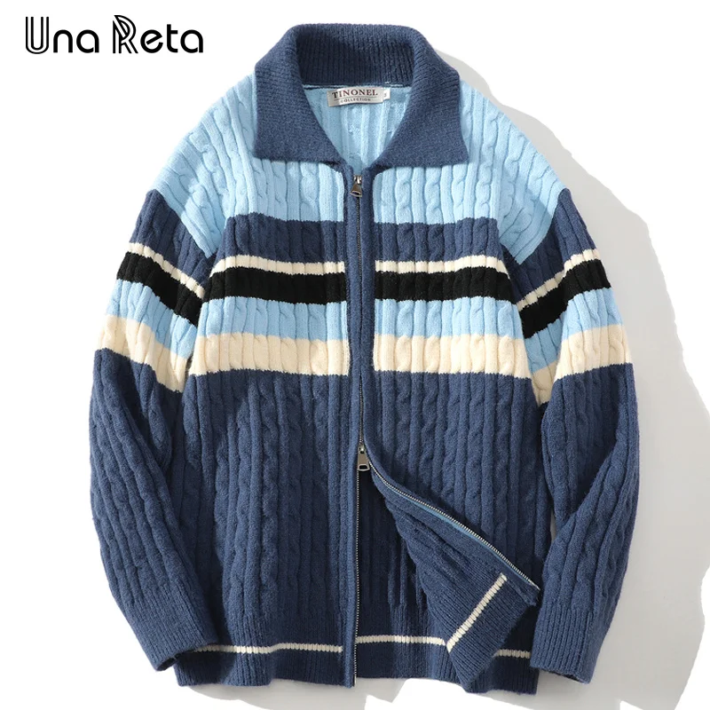 

Una Reta Cardigan Men's Winter New Color Stitching Sweater Coats Streetwear Harajuku Hip Hop Diagonal Zipper Couple Cardigans