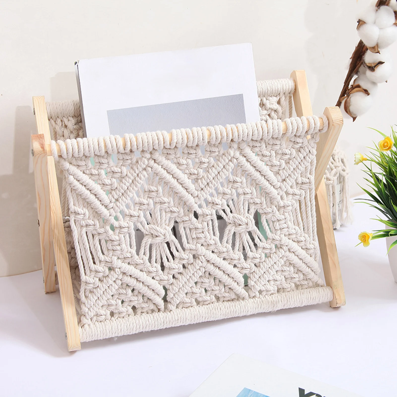 새로운 Macrame Magazine Rack Boho Magazine Holder 책을위한 보관 용 바구니 신문 Swaddle