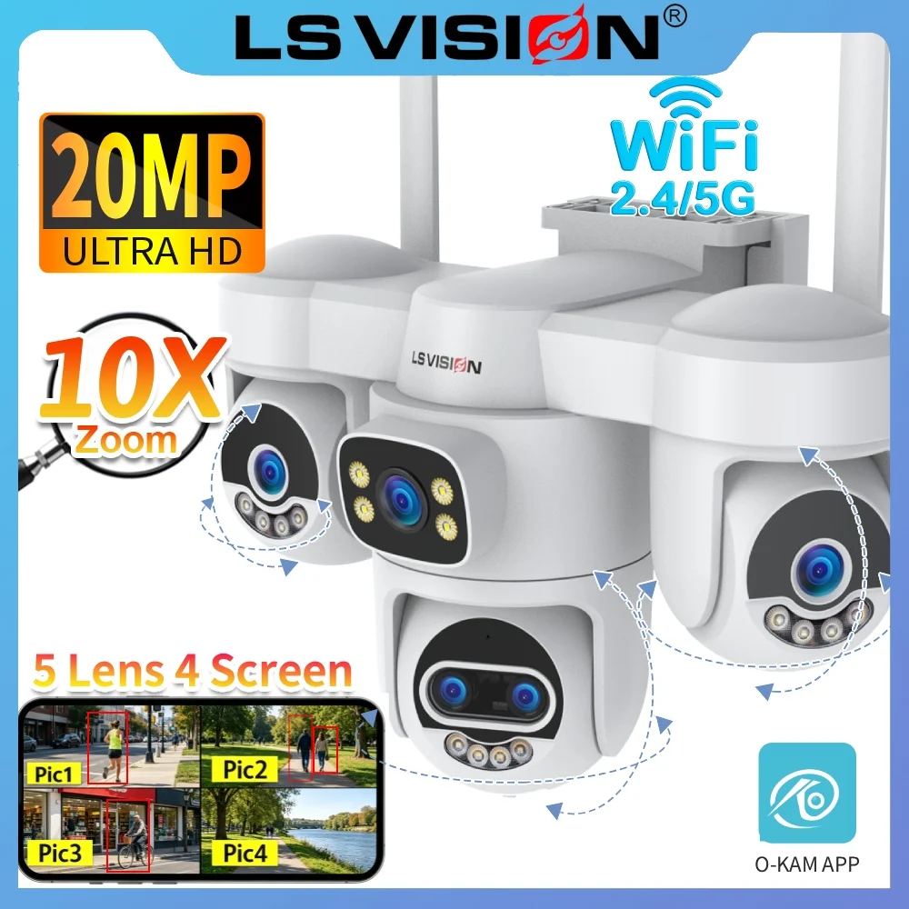 LS VISION 20MP Outdoors Wifi Camera 3/4 Screens Security 2.4/5G PTZ IP Camera 10X Optical Zoom Human Ai Auto Tracking PC Client 1