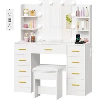 illuminated makeup vanity desk with glass top, 9 drawers, and power outlet for styling 5