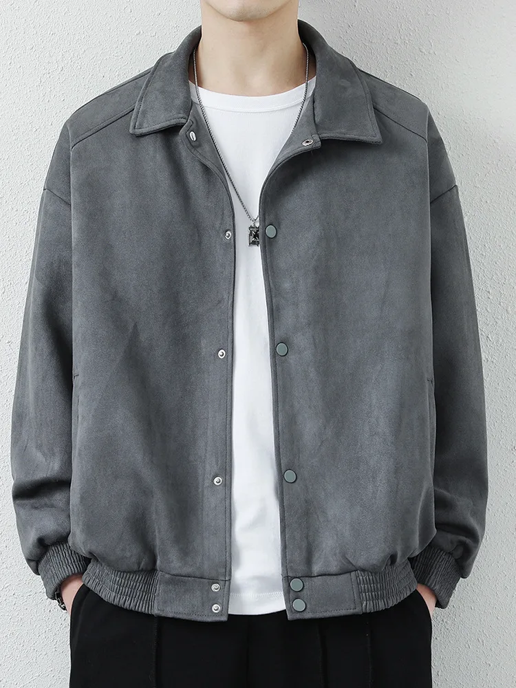 

Men Spring Suede Fabric Coat Oversize Jacket American Style Retro Baseball Uniform Long Ribbed Sleeve Button Up Jackets 3xl