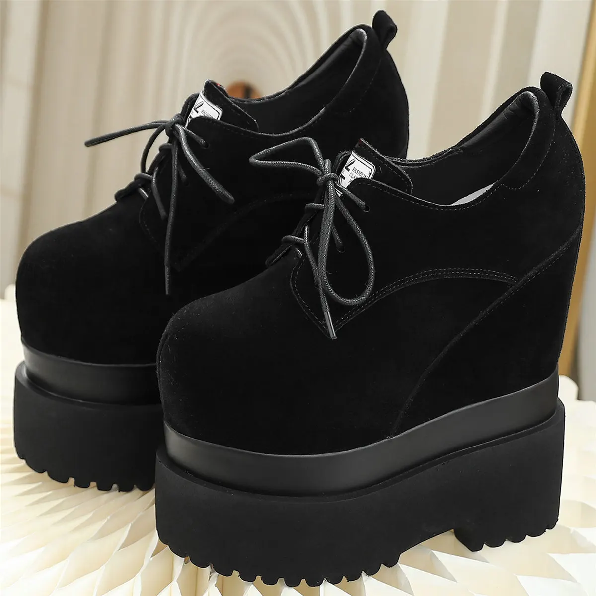 Fashion Sneakers Women Genuine Leather Wedges High Heel Motorcycle Boots Female Round Toe Chunky Platform Pumps Casual Shoes