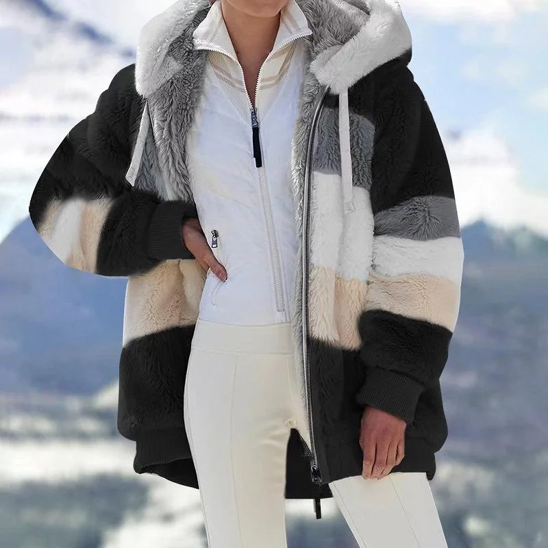 New Winter Women's Fashion Hooded Coat Warm Plush Loose Fit Women's Jacket Winter Outdoor Artificial Fur Zipper Women's Jacket