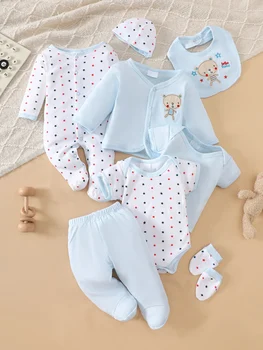 Set di 8 Body per Neonati in 100% Cotone, Azzurro con Stampe di Orsetti, Morbidi e Traspiranti, Ideali per Dormire e Gattonare