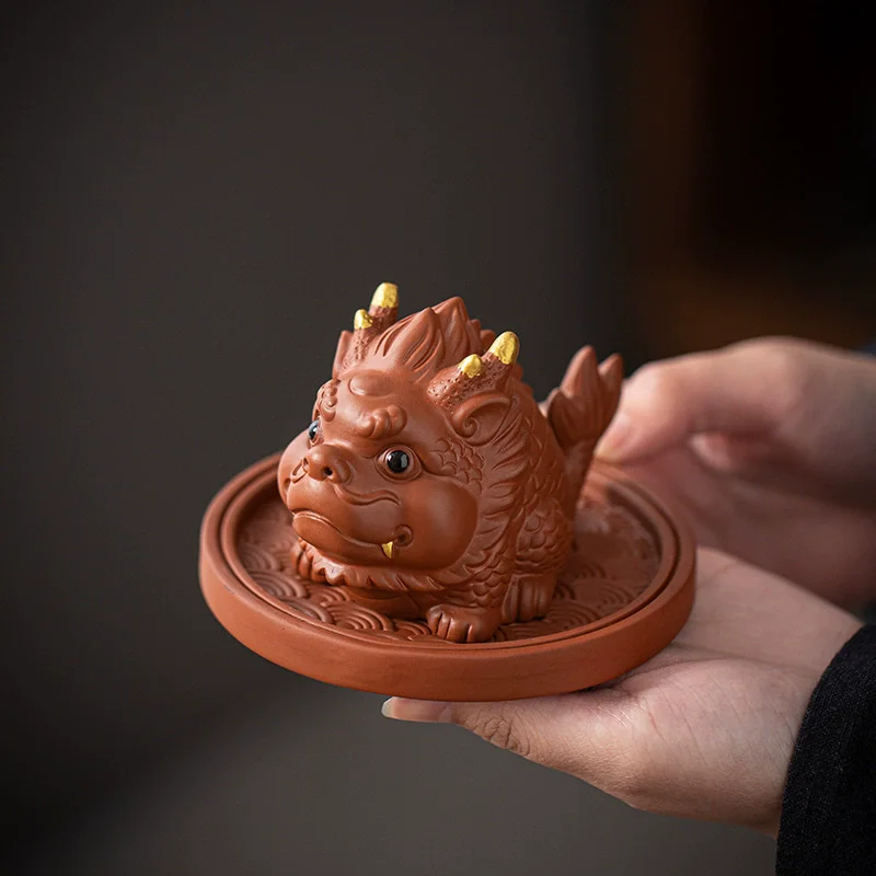 Chinese Dragon Koi Fish Statue Purple Sand Mythical Creature Tea Pet, Wealth Luck Office Desk Ornament, Feng Shui Tea TableDecor