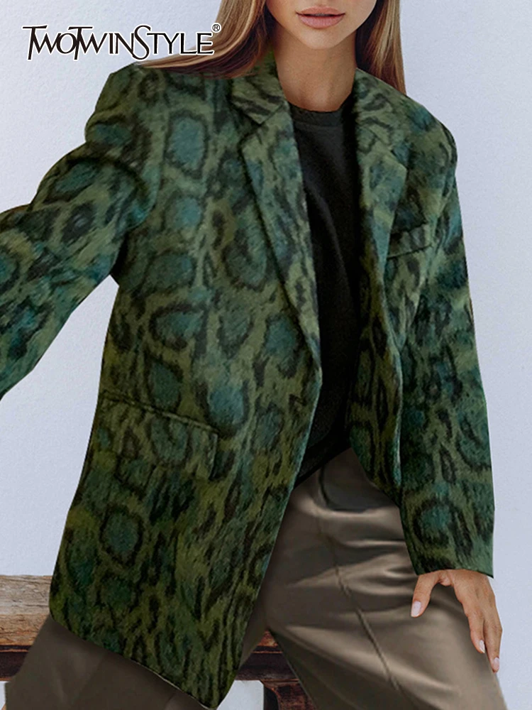 

TWOTWINSTYLE Printing Casual Blazers For Women Notched Collar Long Sleeve Patchwork Double Breasted Temperament Blazer Female