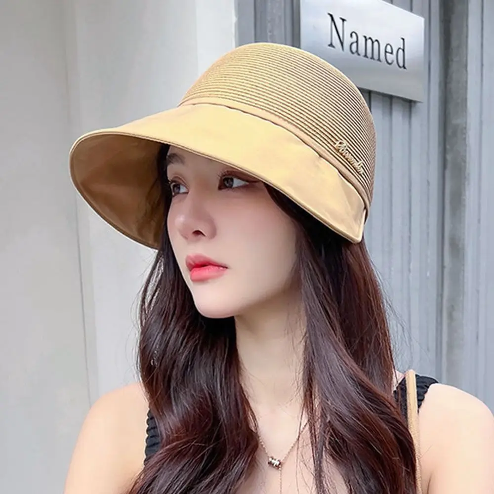 Summer Women Bucket Hat UV Protection Sun Hats Soft Foldable Wide Brim Outdoor Beach Hat Panama Cap Ponytail Cap 4