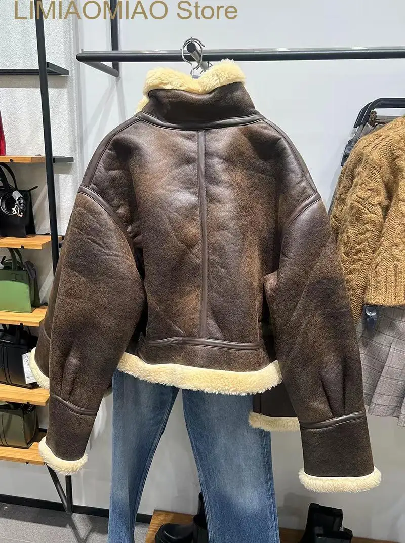 New Autumn Winter Faux Lamb Fur Short Jacket Vintage Female Moto Biker Zipper Thick Warm Coat Fleece Outwear