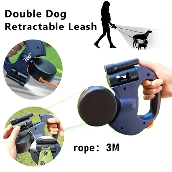 Retractable Dual Doggie Leash with LED Light, 360 Swivel No Tangle for Each Dog Independent Braking with 3M Reflective Leads Dog 1