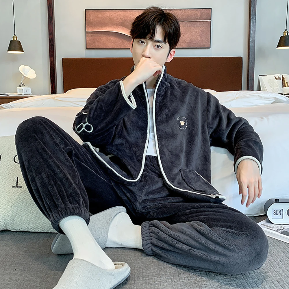 Men's Winter Flannel Pajamas Fashion Solid Zipper Stand-up Collar Big size Pajamas for Men Casual Soft Sleepwear pijamas hombre