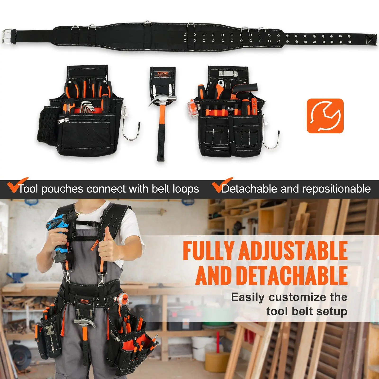 Tool Belt with Suspenders 1680D Polyester, 29 Pockets, 29-54 inches Adjustable Waist Size, Tool Belts for Men, Heavy Duty Carpen 6
