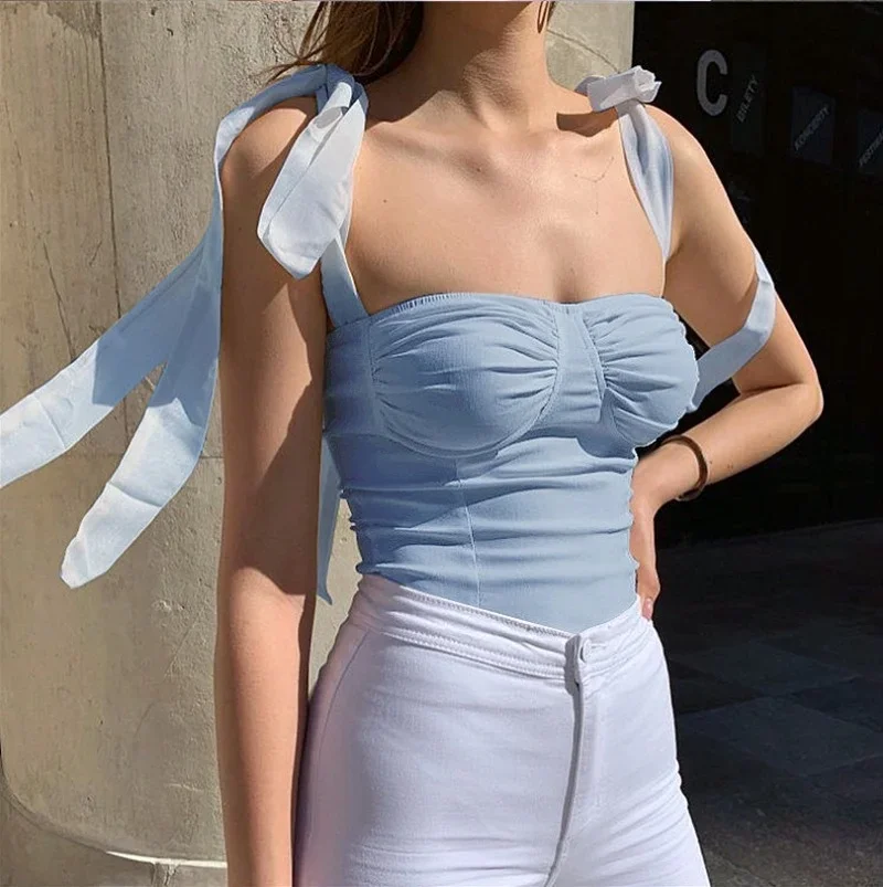

2024 New Women Sexy Sleeveless Bandage Crop Tops Elegant Fashion Summer Camis Vintage Solid Bow Casual Tank Tops Y2k Vest Blusas
