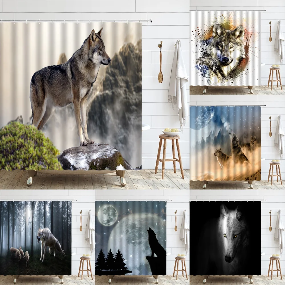 

Wolf Shower Curtain Howling Wildlife Cliff Full Moon Mountain Forest Animal Fanrasy Scary Night View Fabric Bathroom Curtain Set