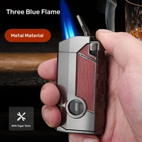 Honest Windproof Three Fire Direct Blue Flame Lighter Inflatable Gas Lighter with Cigar Tool High-end Business Men's Gift 1