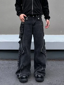 2025 Ropa Y2K Grunge Washed Black Zipper Design Baggy Cargo Jeans Pants For Men Clothes Streetwear Long Trousers Pantalon Hombre
