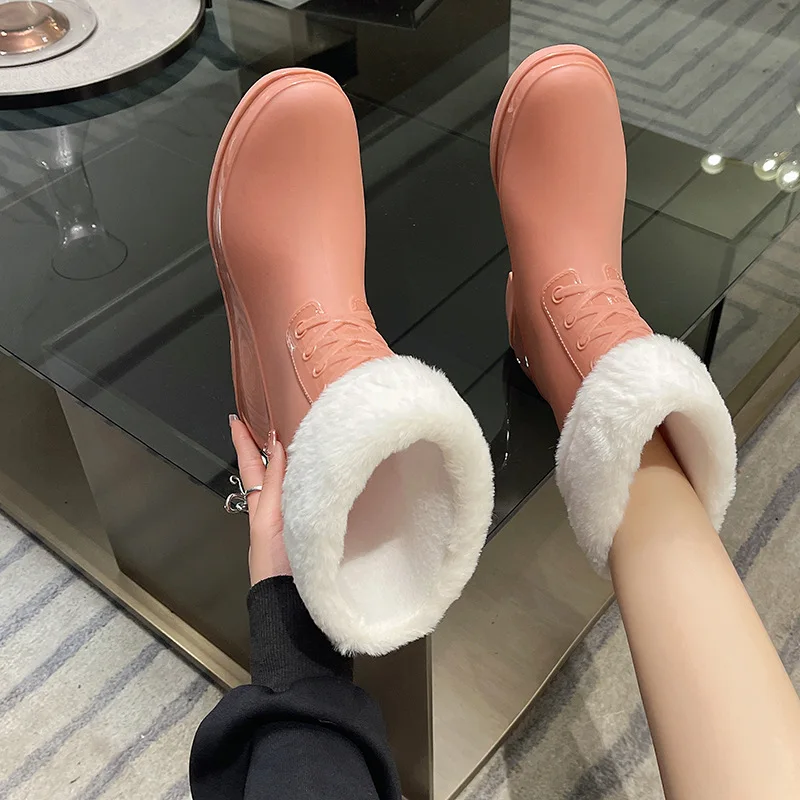 Fashion Mid-Calf Rain Boots Women Autumn Winter Warm Water Boots Female Non-slip Waterproof PVC Shoes Wellies