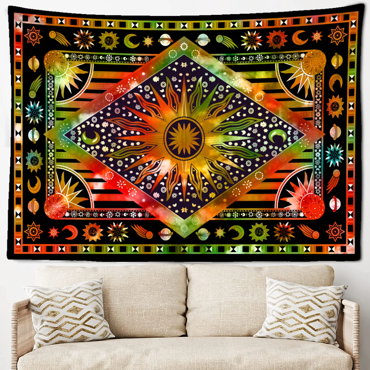 

Burning Sun Tie-dyed Tapestry Celestial Body Sun Moon Star Planet Bohemian Tapestry Tarot Wall Hanging Hippie Room Wall Decor