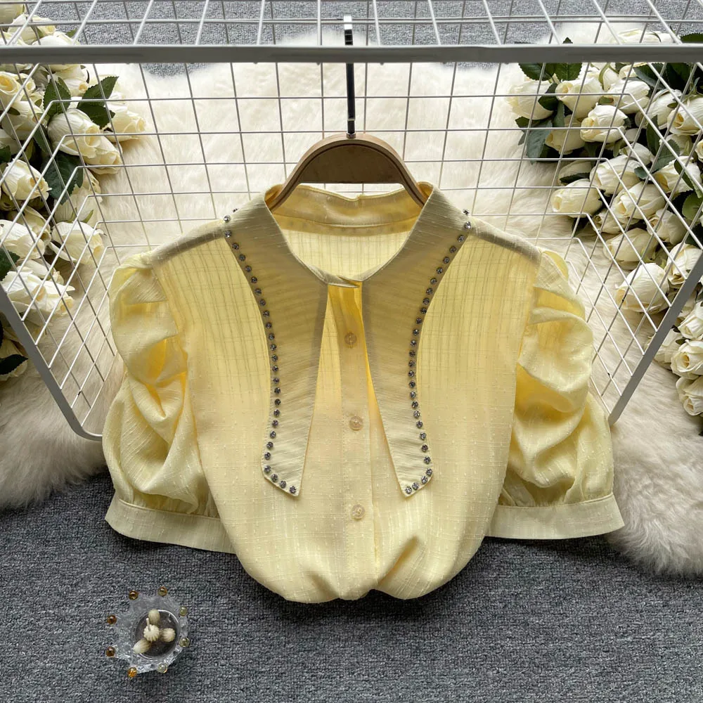 

Summer High Grade Heavy Duty Nail Drill Pointed Neck Bubble Sleeve Shirt Small and Versatile Short Sleeve Top