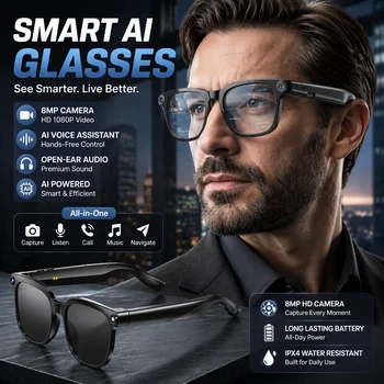 Nuovi Occhiali Smart AI 4K HD Fotocromatici 2026 con Fotocamera da 800W Pixel, Video 1080P, Chat AI, Lettore Musicale, Chiamate e Funzioni Sportive - Modello Uomo