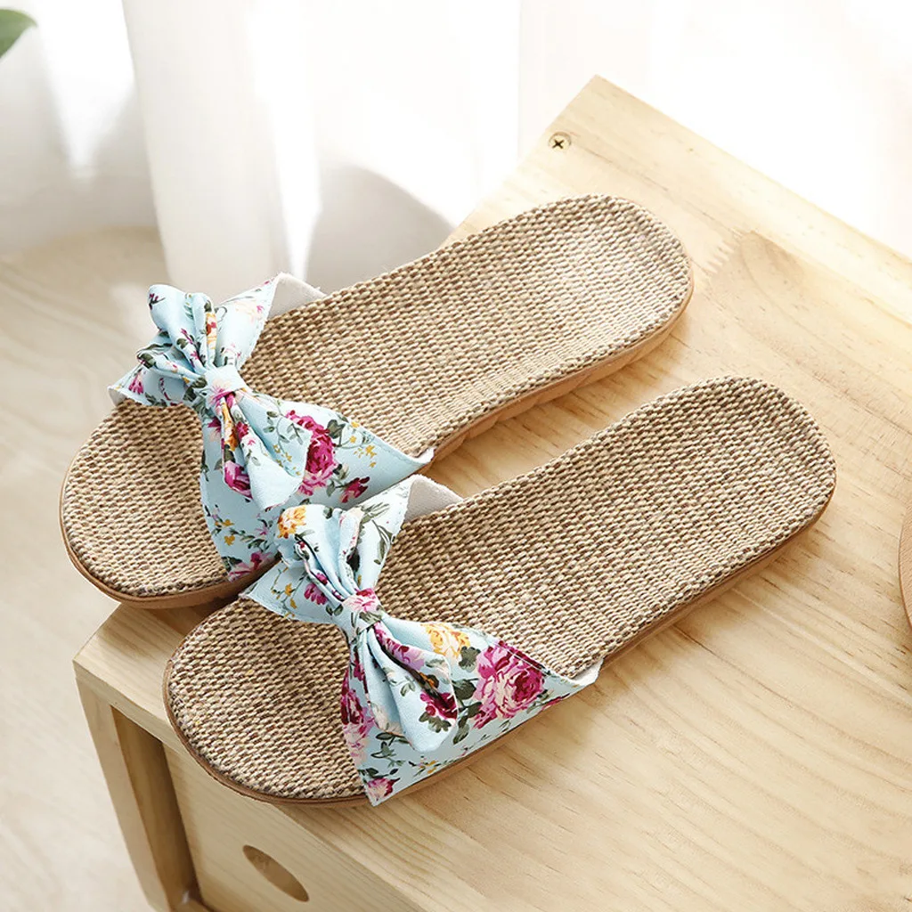 Ladies' Bohemian Style Bow Flower Linen Slippers Sandals Beach Shoes Home Shoes Beach Slippers Indoor Non Slip Shoes 2024
