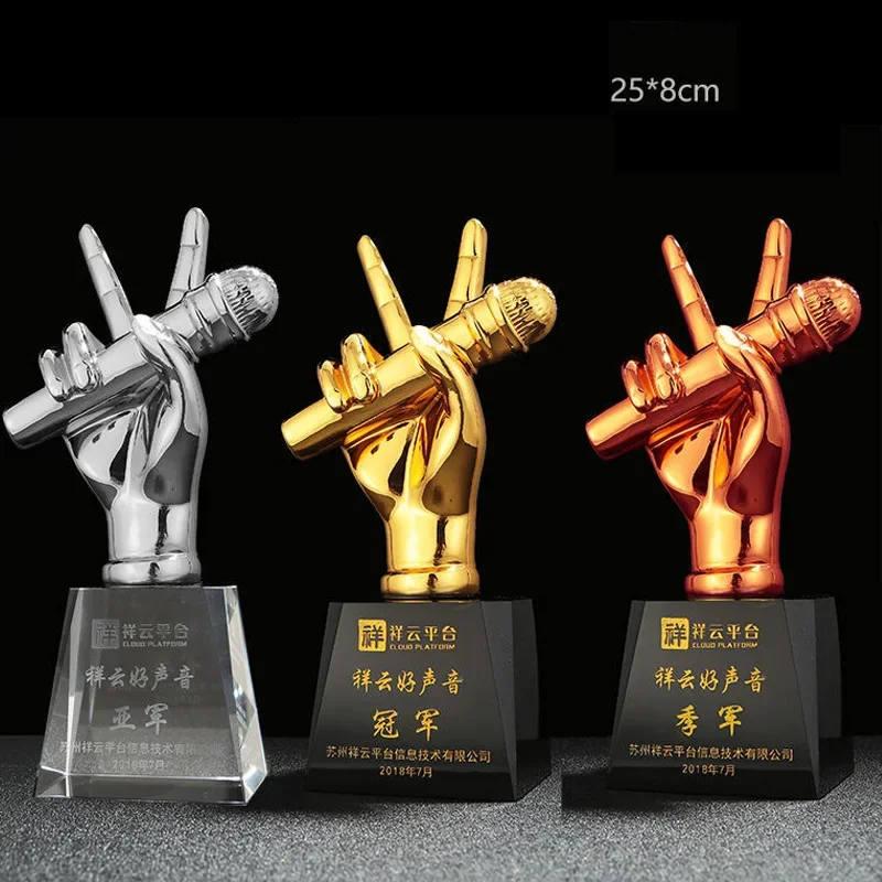 Customized Singing Competition Host Microphone Trophy Lettering Home Living Room Decor Award Notes, Metallic Crystal Trophy, 1Pc