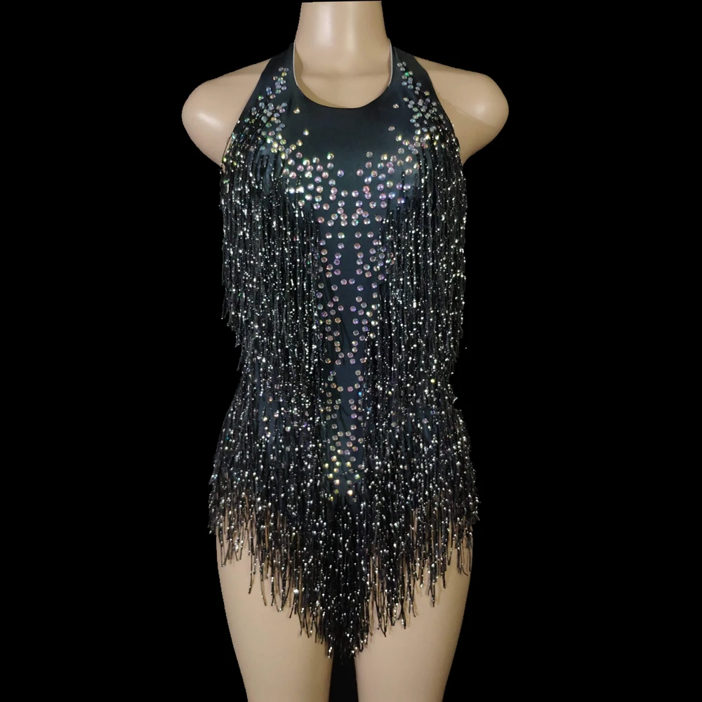 Sparkly Tassel Bodysuit Women Rhinestones Performance Costume One-piece Dance Wear Singer Stage Leotard Rave Festival Clothing