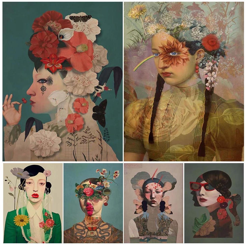 

Abstract Girl Flower Head Woman Vintage Poster Wall Art Canvas Painting Home Decor Wall Pictures For Living Room Unframed