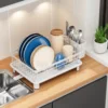 1pc Dish drying rack Kitchen countetop storage holder with drained board Dish&Bowl&tableware organizer Black White 2