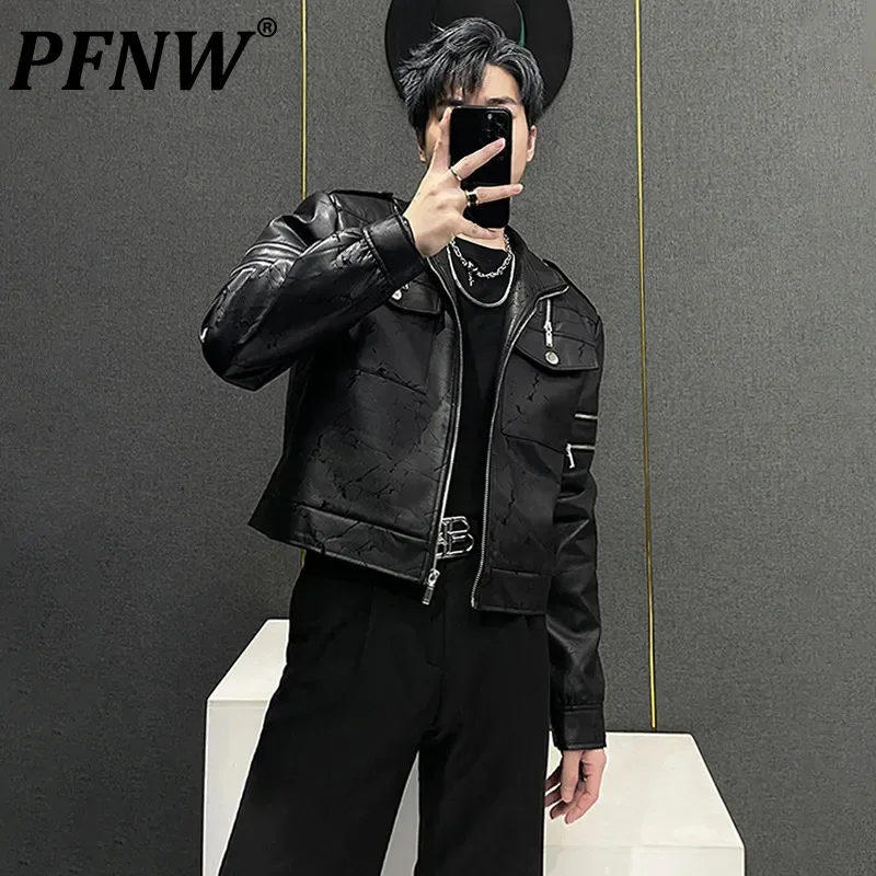 

PFNW High Quality Standing Collar Men's Short Motorcycle Leather Jacket Cracked Zipper Spliced Male Coat 2023 Autumn New 28W1833