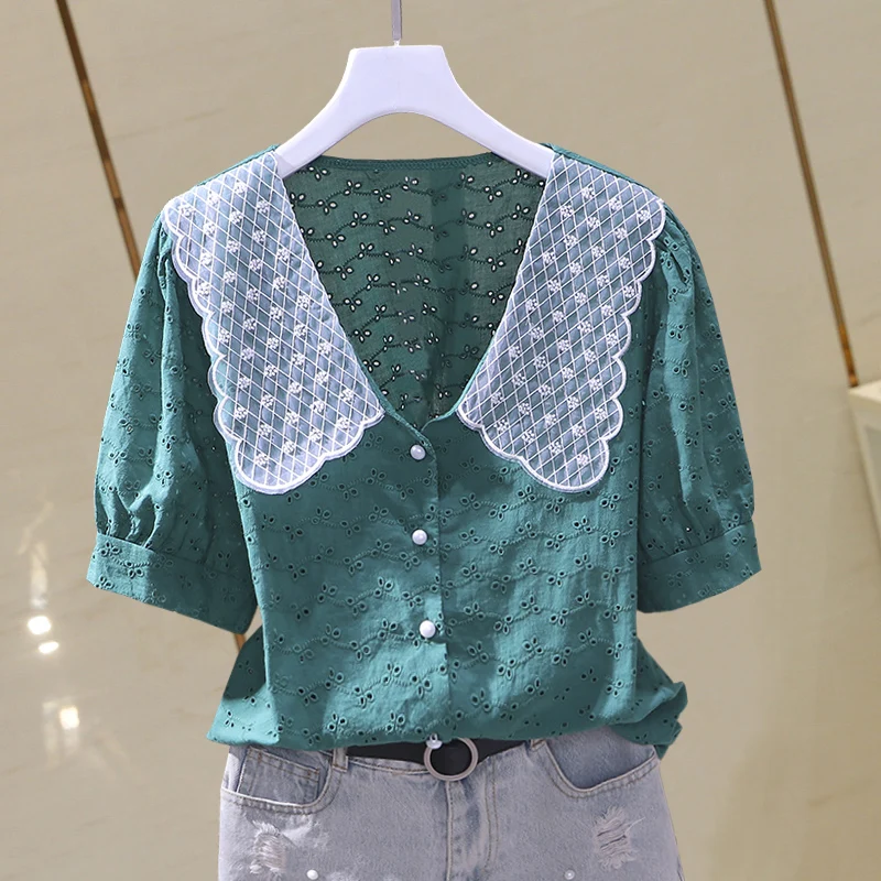 

Lace Hollow Out Cotton Women Shirts Summer Sweet Style Slim Solid Elegant Office Lady Outwear Clothing Top Quality