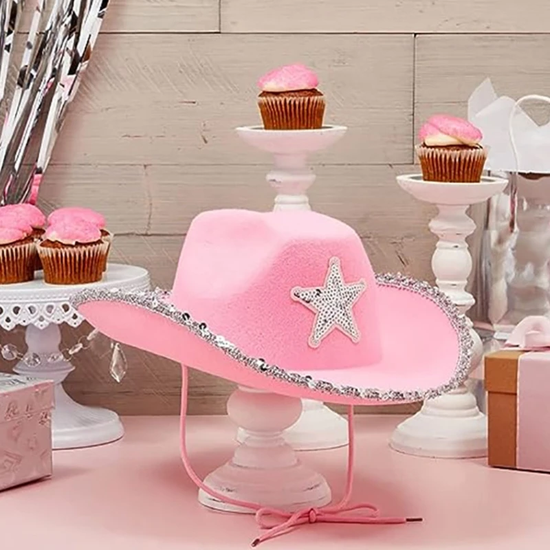 Felt Cowboy Hat Western Cowgirl Hat Costume Glitter Hats Cap for Kids Boys Girls