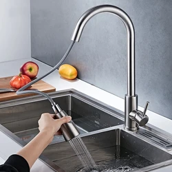 Kitchen Basin Faucet 304Stainless Steel Mixer water Cold& Hot 60 Cm Hoses Pull Out 360 Rotation Ceramic Valve Core Surface Brush