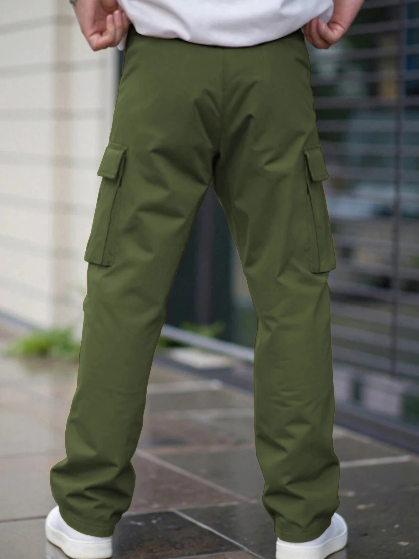 Einfarbige Cargohose für Herren mit Pattentasche, Kordelzug am Bund, normale Passform, lässige Hose mit geradem Bein für den Alltag – Detail 33