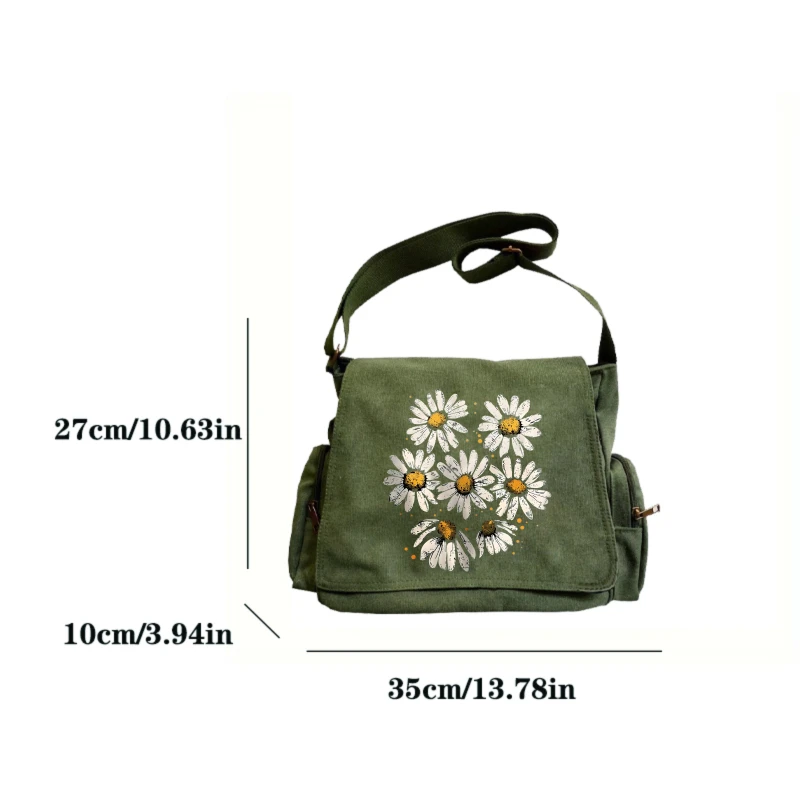 Vintage Women's Shoulder Bag Canvas Daisy Print Large Capacity Diaper Bag for Daily Use Crossbody Bag