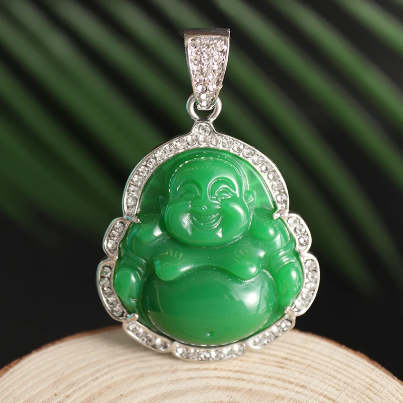 Exquisite Green Imitation Natural Stone Maitreya Buddha Pendant Necklace Inlaid with Zircon Women's Amulet Jewelry Gift