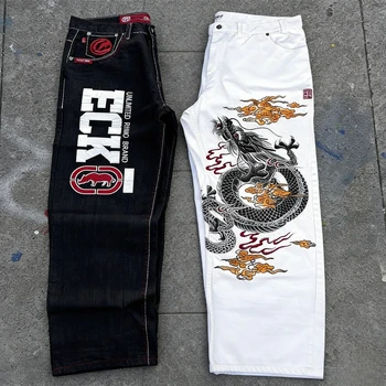 Y2K ECKO Jeans Mens American Vintage Hip-Hop Wide-Leg Pants Harajuku Hip-Hop Gothic Rock Couple Straight Pants 1