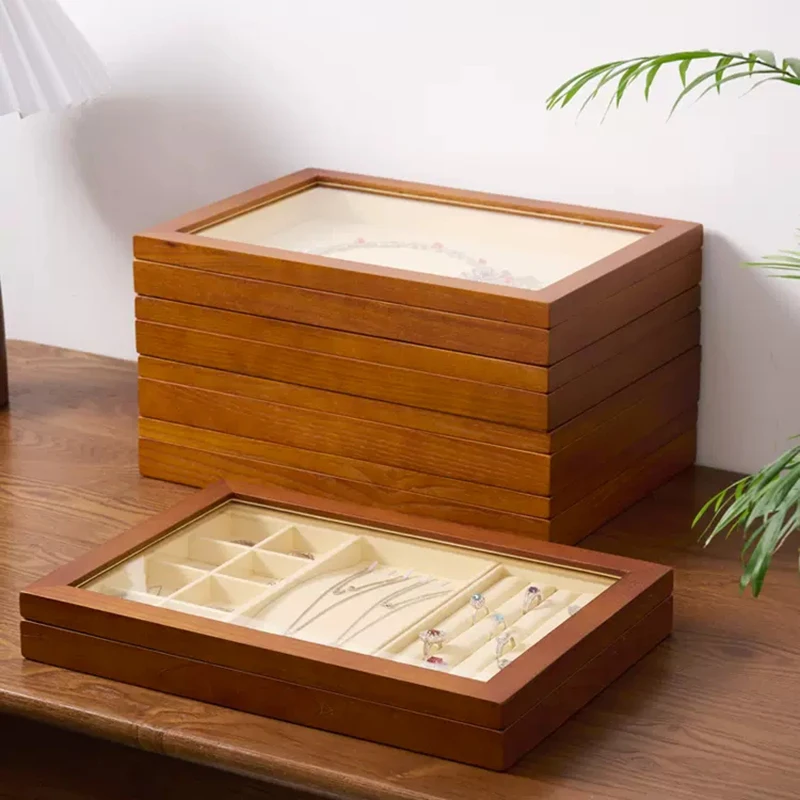 MISHITU Solid Wood Jewelry Storage Box Earrings Necklace Pendant Ring Window Display Box Organizer Jewelry Display Storage Trays 3