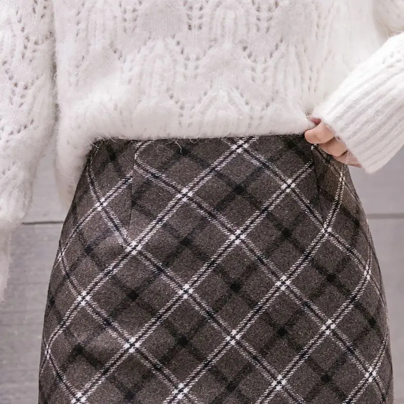 Autumn and Winter Women\'s Style Woolen Woolen Fabric High Waist Plaid Bag Hip Midi Slim Elegant Vintage Formal Fashion Skirt