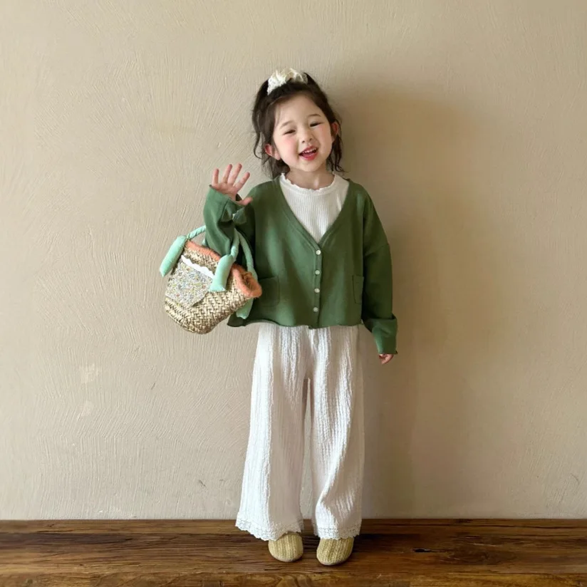 2025 가을 신상품: 아동복 얇은 가디건  털이 있는 단색 재킷 세트 (2피스 이너 포함)