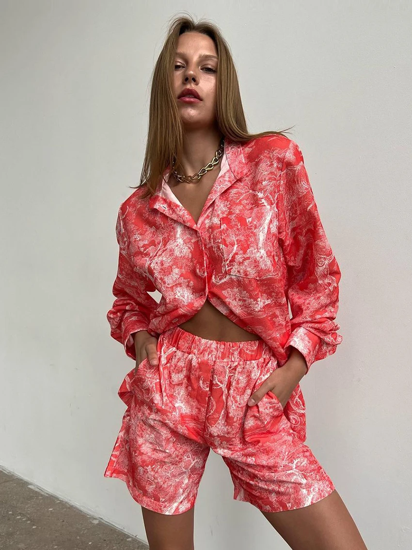 Marthaqiqi Casual Printing Women Nightwear Suit Sexy Turn-Down Collar Sleepwear Long Sleeve Nightgowns Shorts Fashion Pajama Set