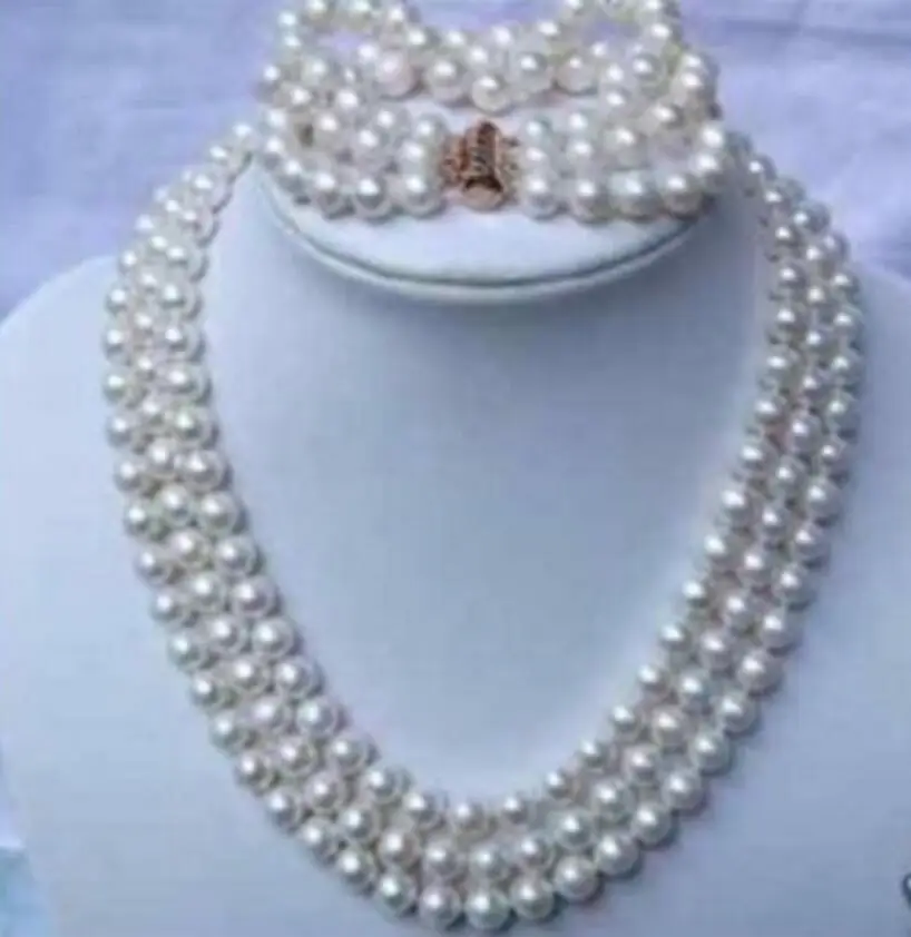 

new hot 3ROW 7-8MM WHITE FRESHWATER PEARL NECKLACE & BRACELETS