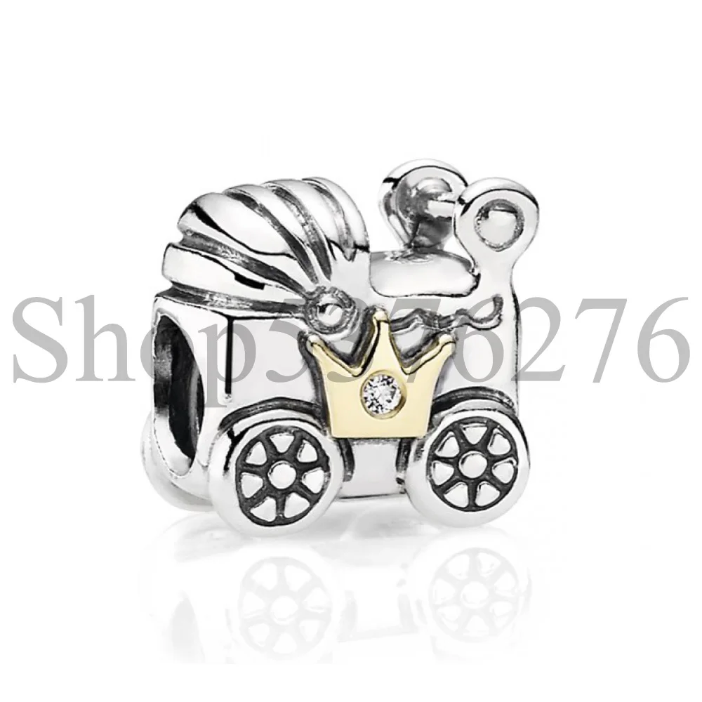 

Real 925 Sterling Silver Bead Two Tone Royal Crown Baby Pram Carriage Charm Fit Pandora Women Bracelet Bangle Gift DIY Jewelry