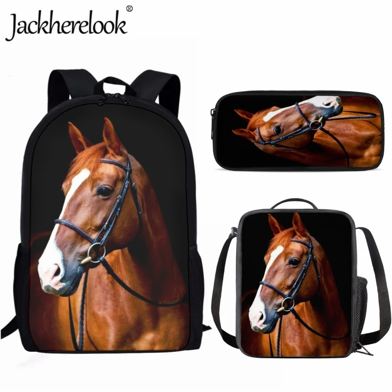 Jackherelook Fashion New Horse 3D Printing School Bag 3pcs for Kids Sports Travel Backpack Boys School Lunch Bag Pencil Case