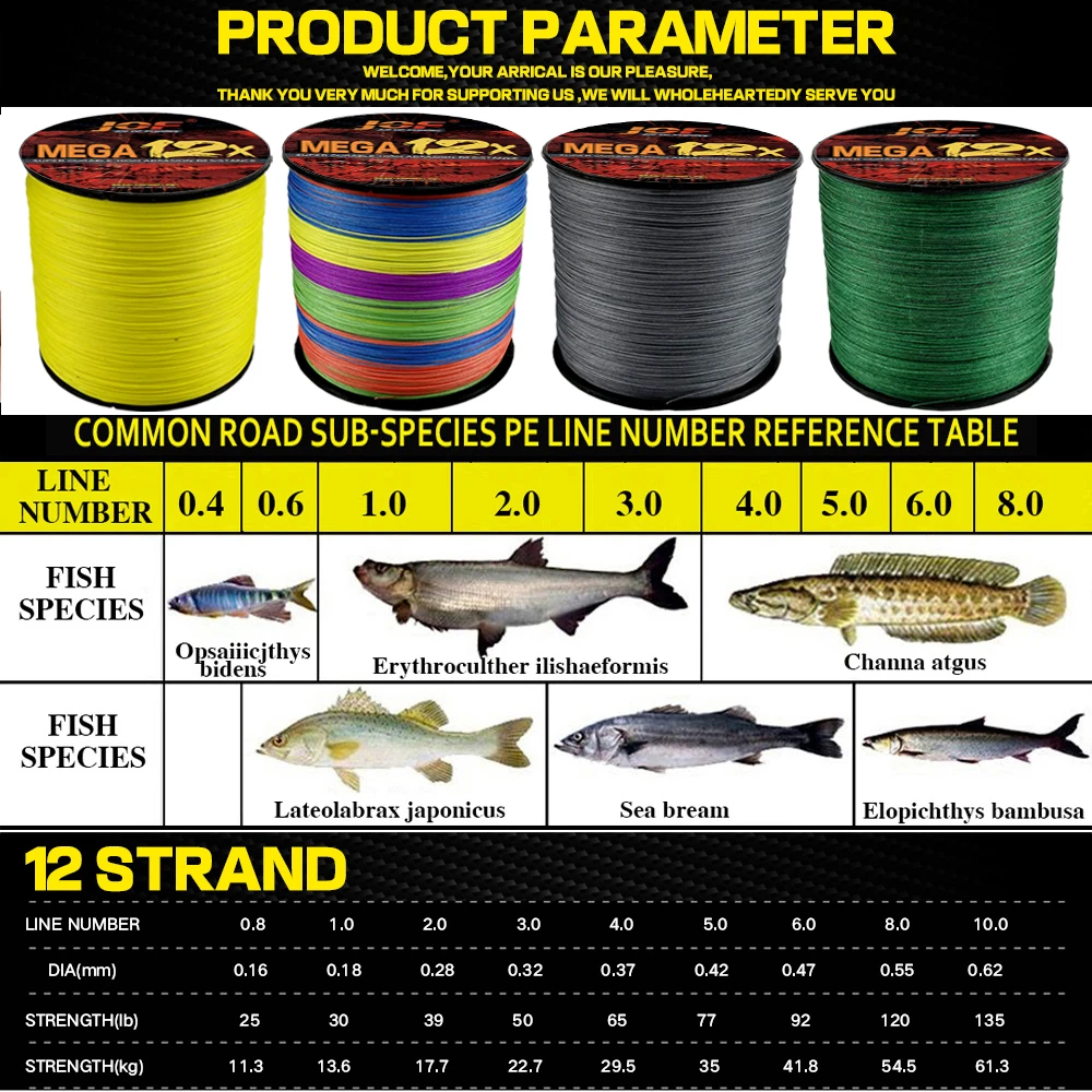 JOF Fishing Lines 300M 500M 12 Strands Braided Line Multifilament PE Fishing Line 25/30/39/50/65/77/92/120LB 0.16-0.55mm 6