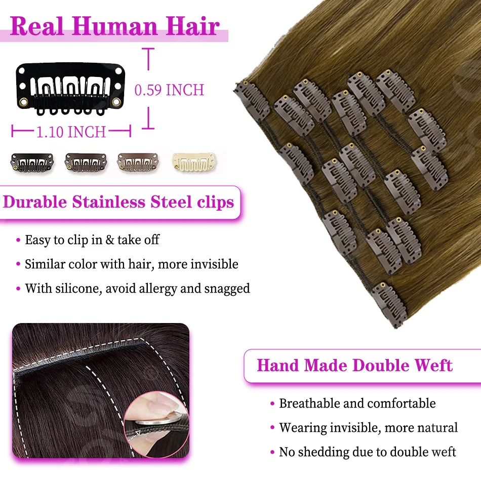 15A Clip in Hair Extensions 100% Remy Human Hair Extensions Clip Ins for Women Balayage Dark Brown Mixed Chestnut Brown 3