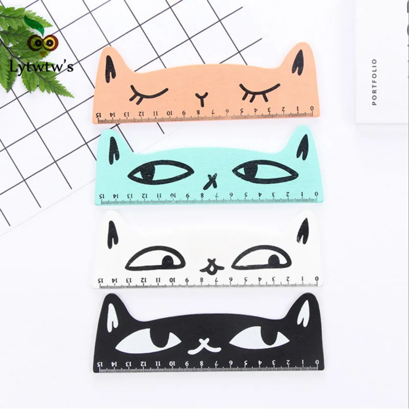 Drawing Ruler Straight Ruler 1 Pcs Lytwtw's Cute Kawaii Black Cat Kitten Straight Ruler Wooden Tools Cartoon Sewing Drawing Office School Stationery supplies
