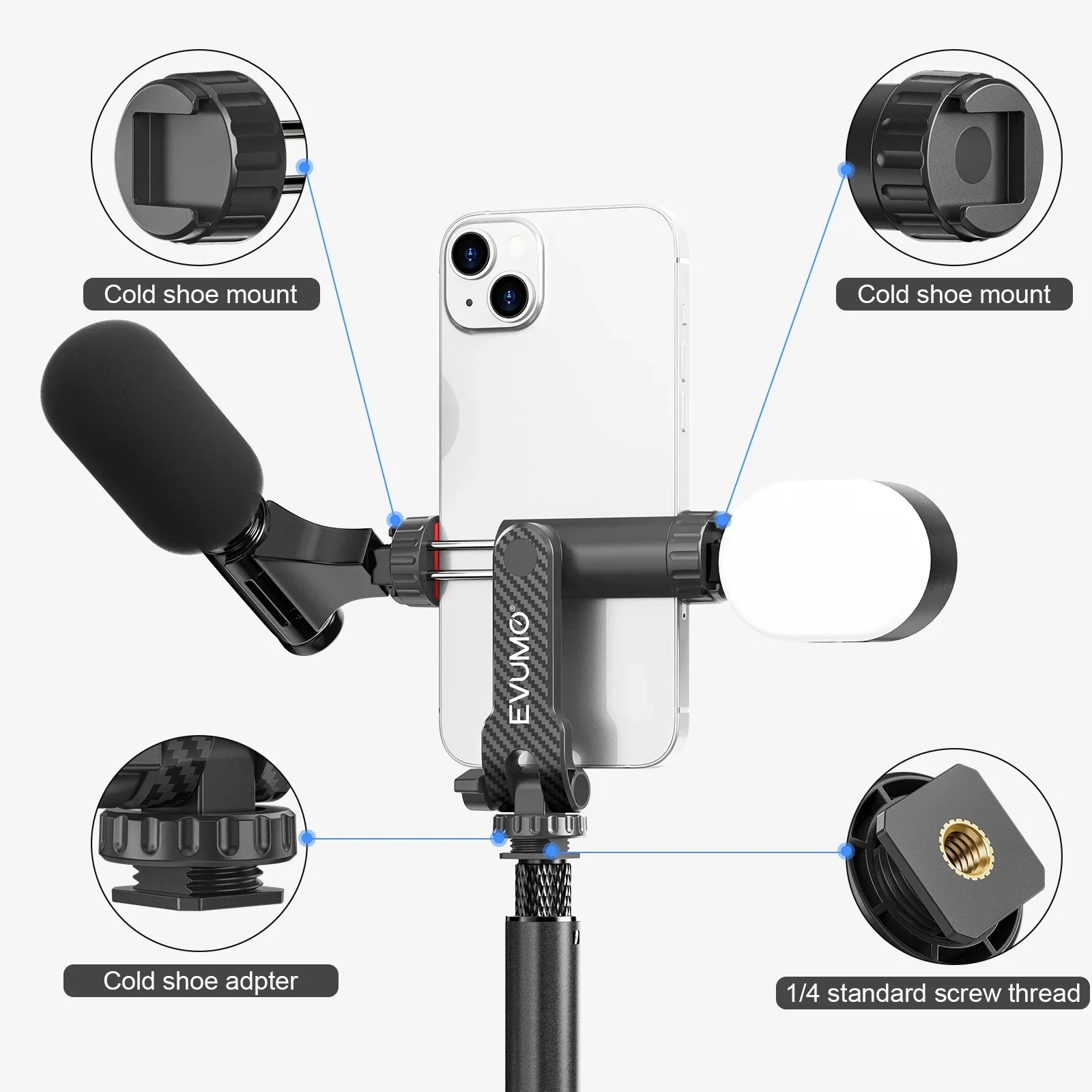 EVUMO PM11 Portable Phone Mount Holder Clamp Dual Cold Shoe Rotatable Digtal Camera Bracket Compatible for Most Cellphone iPhone