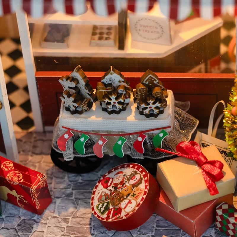 DIY Wooden Doll Houses Christmas Dessert Shop Casa Miniature Model Kit Villa Dollhouse with Furniture Led Light for Friends Gift 5