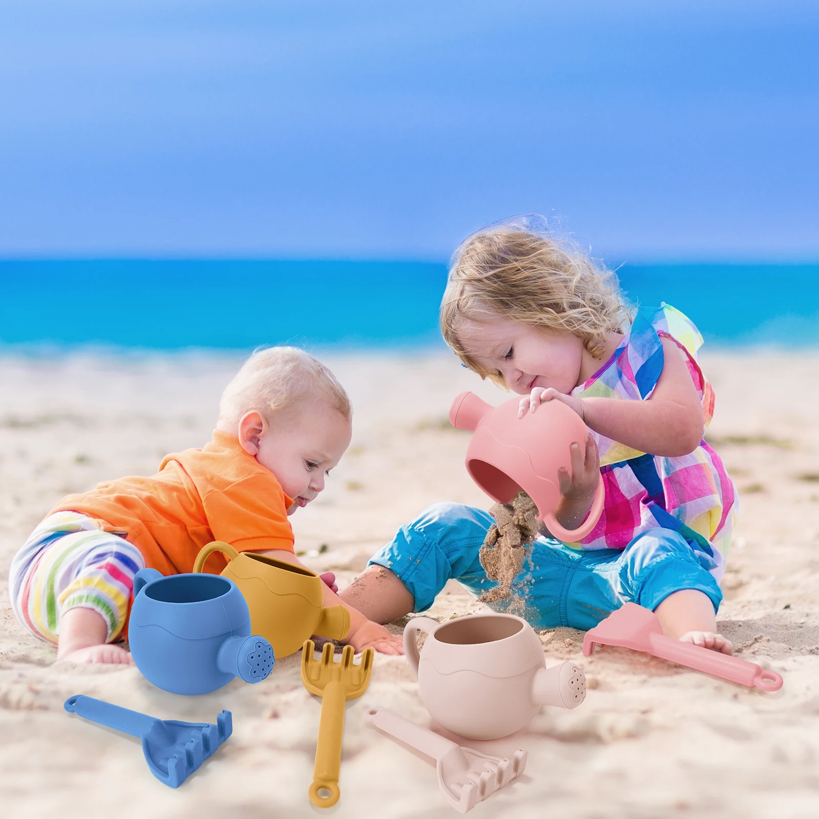 Baby Beach Toys Children Outdoor Games Sand Play Set Infants Digging Sand Silicone Rake Watering Pot Play Beach Toys for Kids